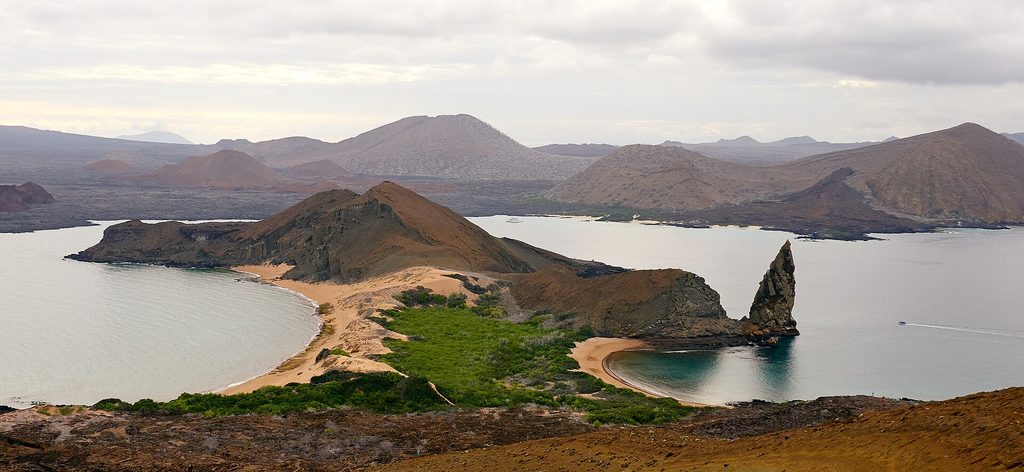 The classic view over Bartolomé's twin bays and Pinnacle Rock