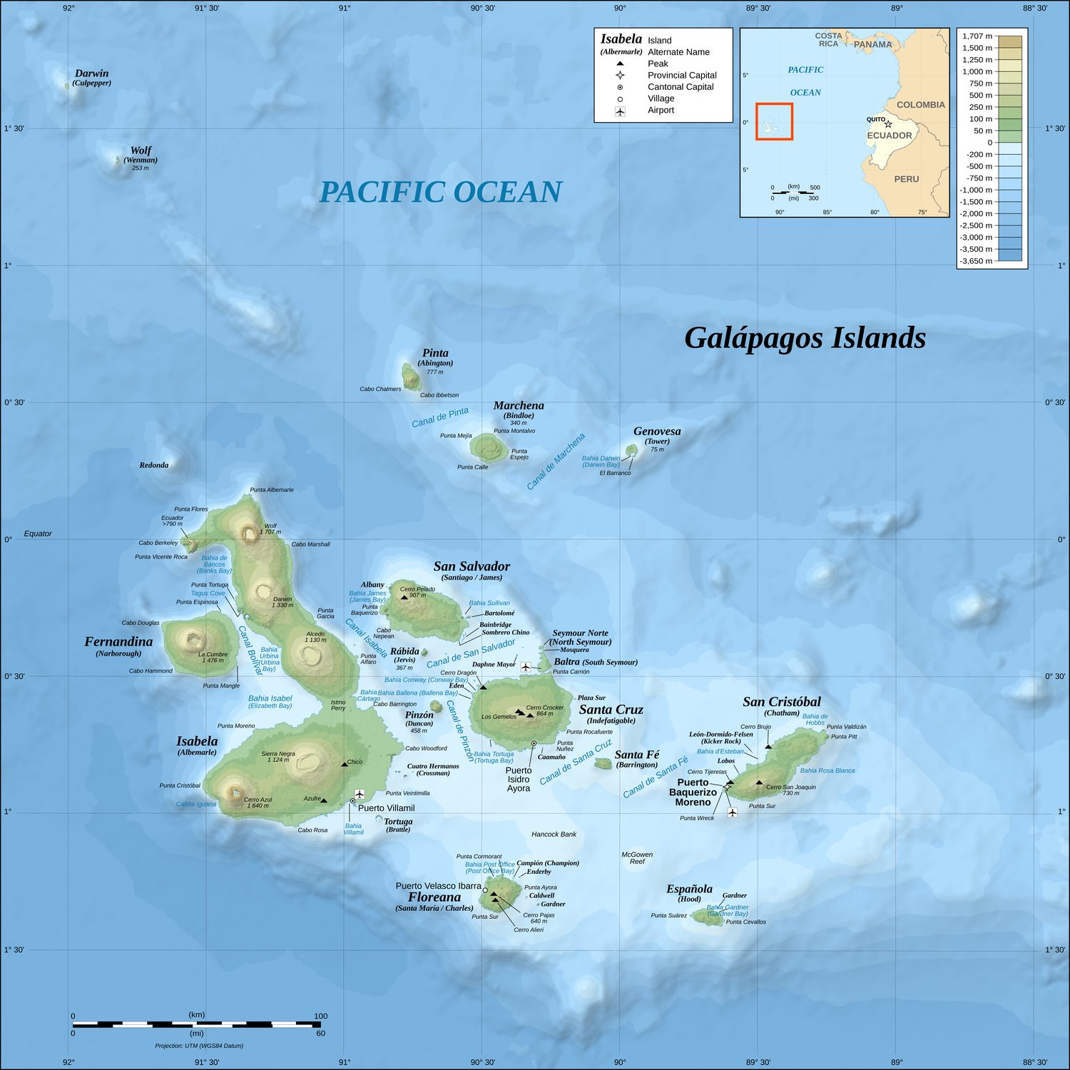 Map of the Galápagos archipelago showing the western, northern, southern and central islands