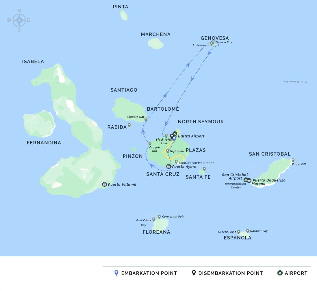 Route map of the Monserrat's northern and western Galápagos itinerary